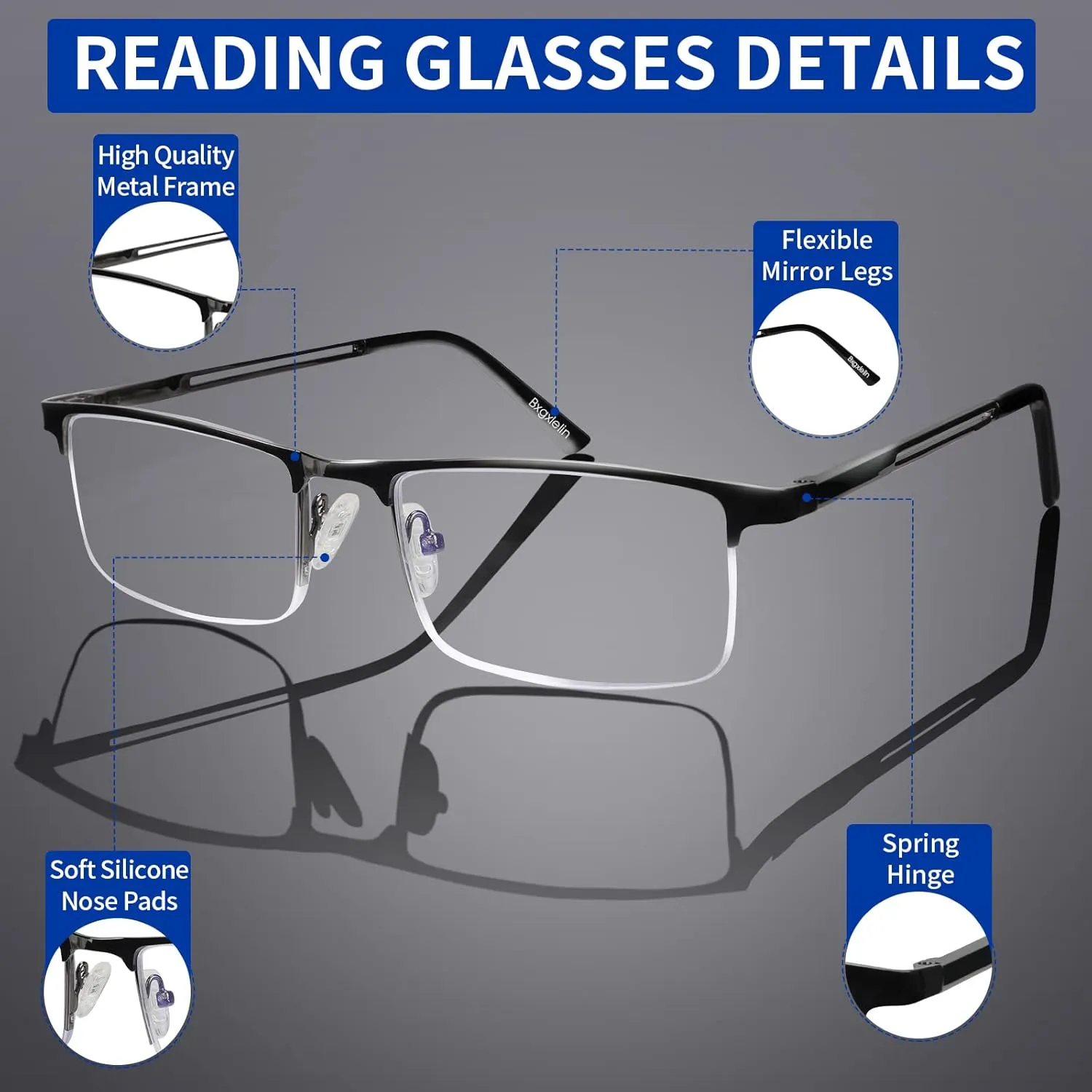 1.0-4.0x Mens Reading Glasses Blue Light Readers Glasses,3 Pack Lightweight Metal Mens Half Frame Reading Glasses