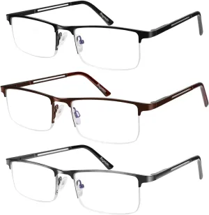 1.0-4.0x Mens Reading Glasses Blue Light Readers Glasses,3 Pack Lightweight Metal Mens Half Frame Reading Glasses