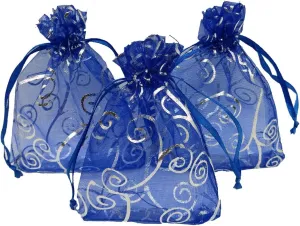 100pcs Sheer Organza Favor Bags For Wedding Baby Shower Rattan Print Gift Bags Samples Display Drawstring Pouches (4x6 inch, blue)