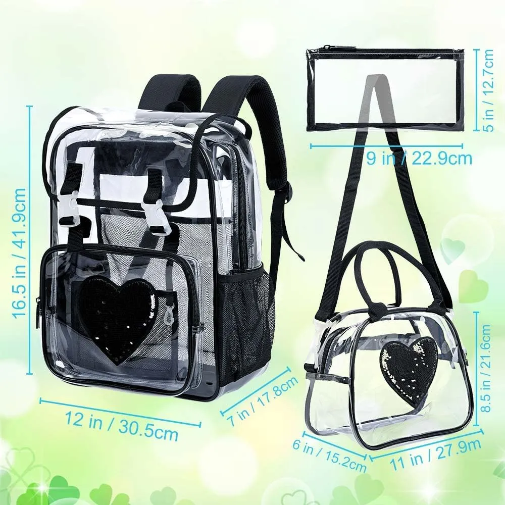 17" Sequin Clear Backpack for Girls - Sparkle Flip Design Stadium Approved 3Pcs Set, Heavy Duty PVC Bookbag for Concert/School (Black)