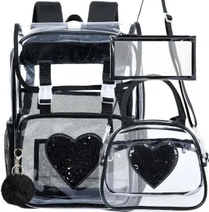 17" Sequin Clear Backpack for Girls - Sparkle Flip Design Stadium Approved 3Pcs Set, Heavy Duty PVC Bookbag for Concert/School (Black)