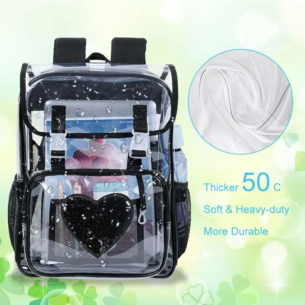 17" Sequin Clear Backpack for Girls - Sparkle Flip Design Stadium Approved 3Pcs Set, Heavy Duty PVC Bookbag for Concert/School (Black)