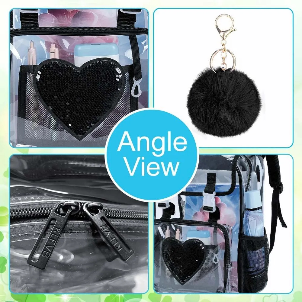 17" Sequin Clear Backpack for Girls - Sparkle Flip Design Stadium Approved 3Pcs Set, Heavy Duty PVC Bookbag for Concert/School (Black)