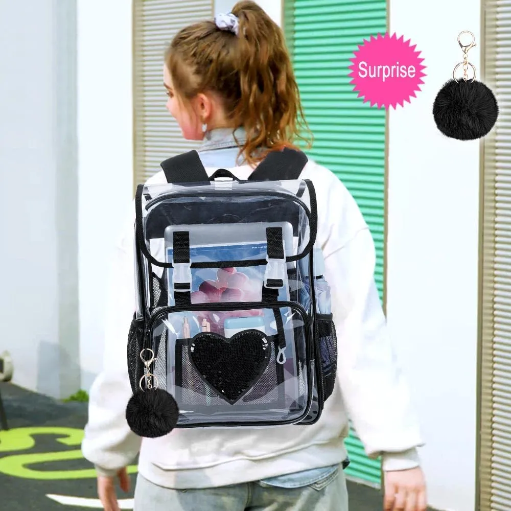 17" Sequin Clear Backpack for Girls - Sparkle Flip Design Stadium Approved 3Pcs Set, Heavy Duty PVC Bookbag for Concert/School (Black)