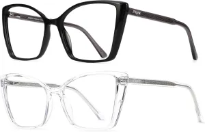 2 Pack Women's Oversized Blue Light Blocking Glasses, Trendy Cat Eye Computer Gaming Eyeglasses Anti Eyestrain & UV Glare RF6204 (Black   Clear Cateye Frame)