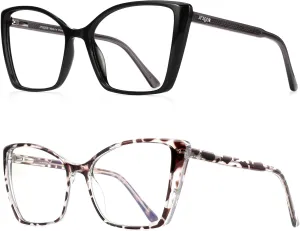 2 Pack Women's Oversized Blue Light Blocking Glasses, Trendy Cat Eye Computer Gaming Eyeglasses Anti Eyestrain & UV Glare RF6204 (Black   Leopard Cateye Frame)
