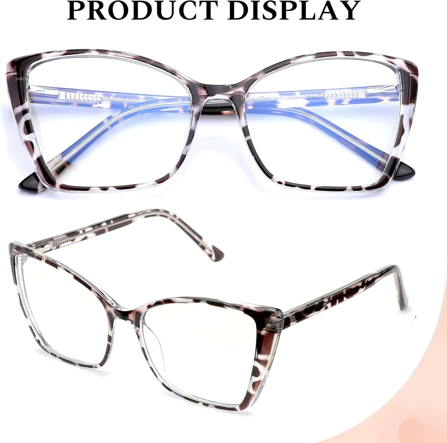 2 Pack Women's Oversized Blue Light Blocking Glasses, Trendy Cat Eye Computer Gaming Eyeglasses Anti Eyestrain & UV Glare RF6204 (Black   Leopard Cateye Frame)