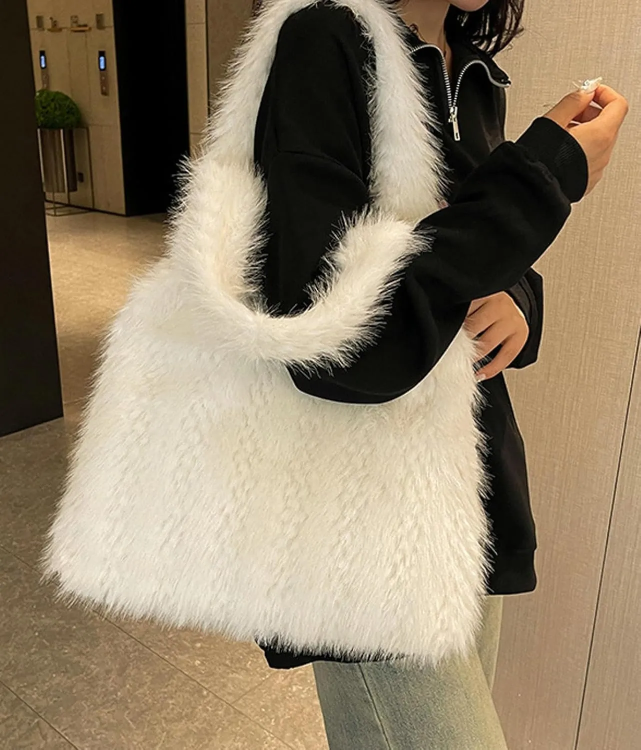 2024 Winter Fall Plush Shoulder Bag Women Fuzzy Tote Soft Faux Fur Handbag Magnetic Closure Small Zip Pocket