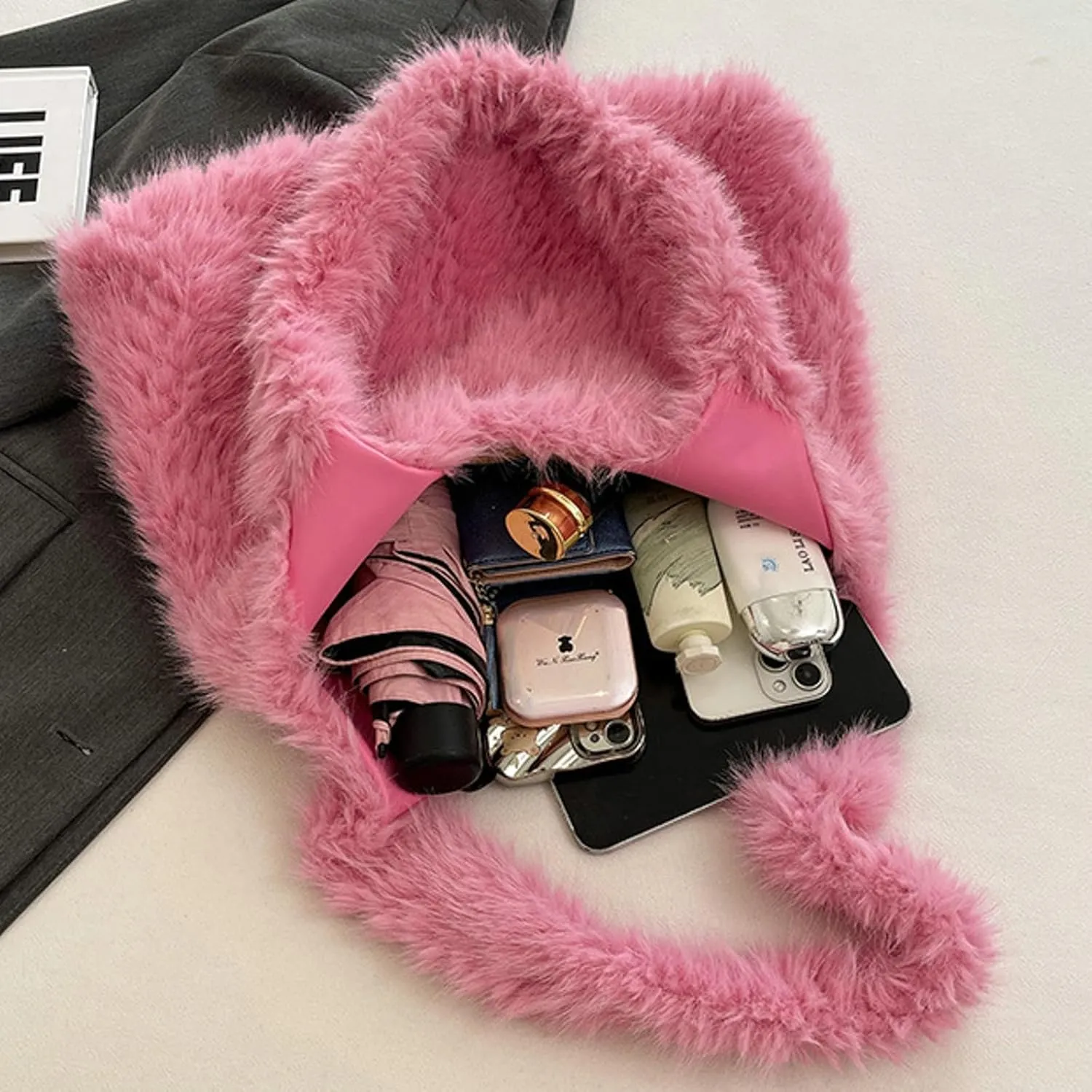 2024 Winter Fall Plush Shoulder Bag Women Fuzzy Tote Soft Faux Fur Handbag Magnetic Closure Small Zip Pocket