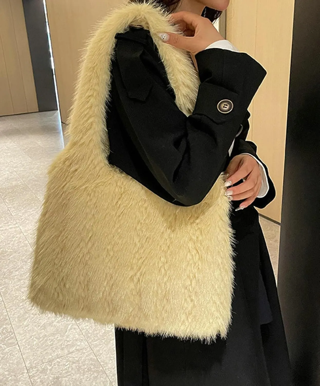 2024 Winter Fall Plush Shoulder Bag Women Fuzzy Tote Soft Faux Fur Handbag Magnetic Closure Small Zip Pocket