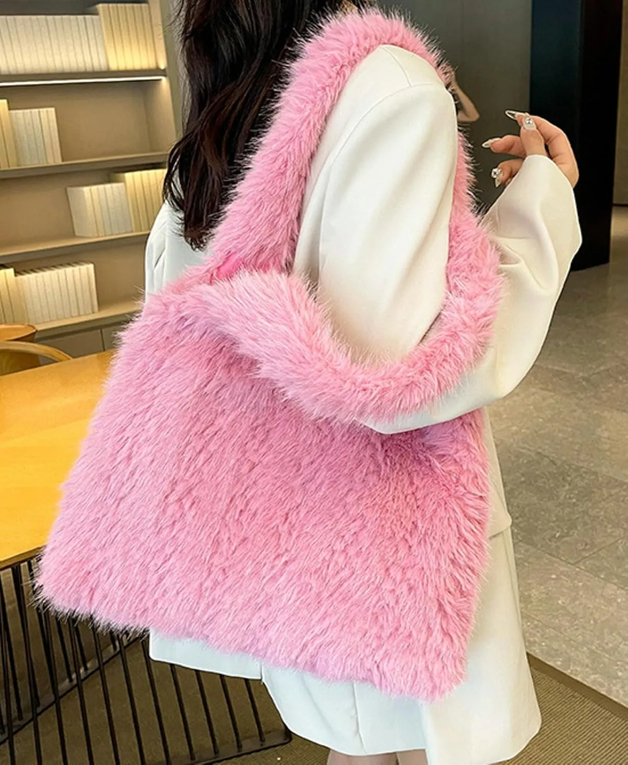 2024 Winter Fall Plush Shoulder Bag Women Fuzzy Tote Soft Faux Fur Handbag Magnetic Closure Small Zip Pocket