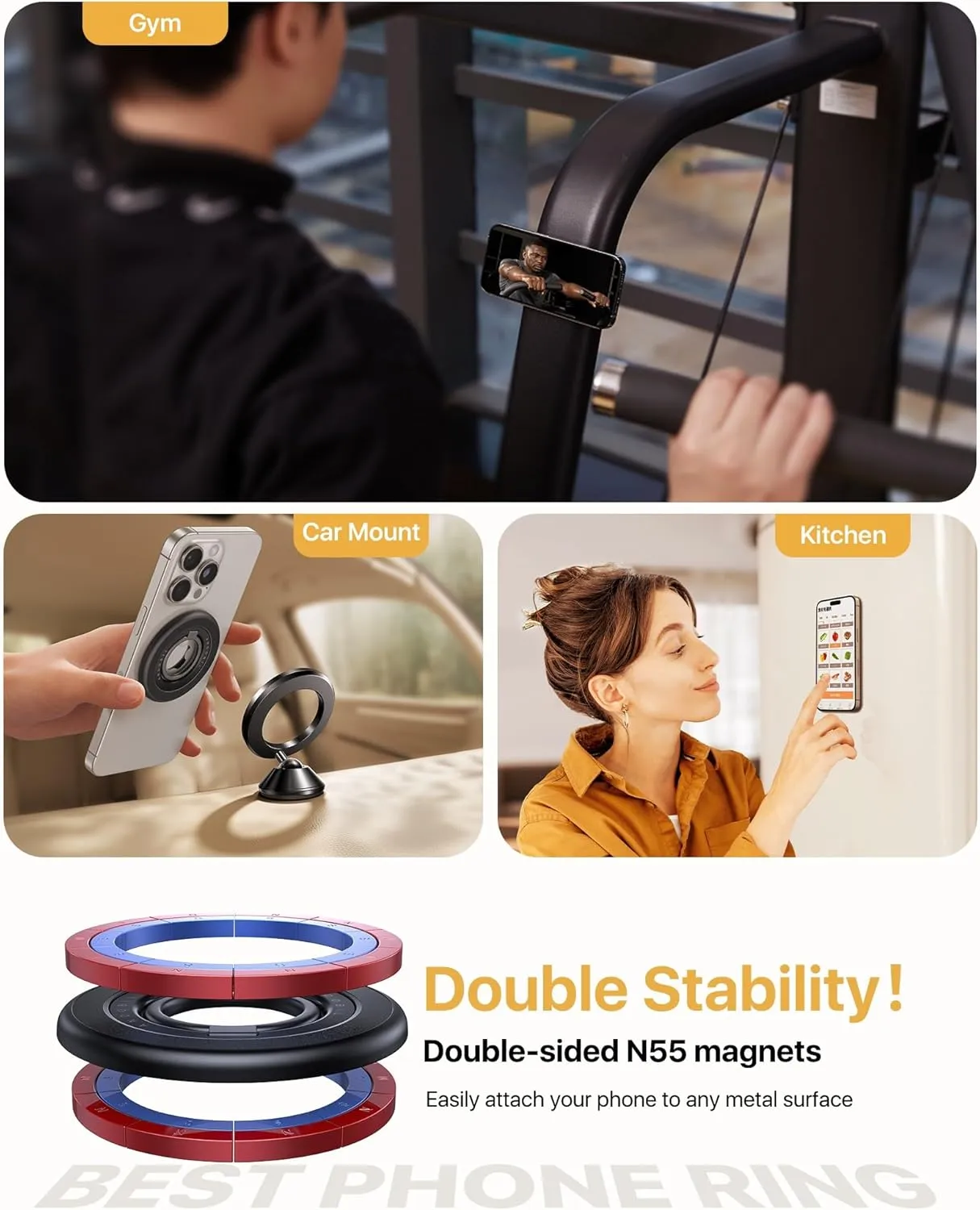 2025 [Sability Max] Magnetic Phone Grip [Rotate Ring & Ultra-Strong Dual-Sided Magnet] iPhone Ring Holder Compatible with MagSafe iPhone 16 Pro Max 15 14 13 12 Samsung S25 etc, Gym Accessories, Black