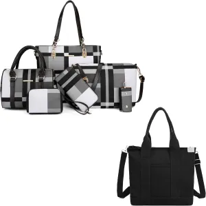 2E-youth Purses and Handbags for Women Faux Leather and Canvas Tote Bag Set