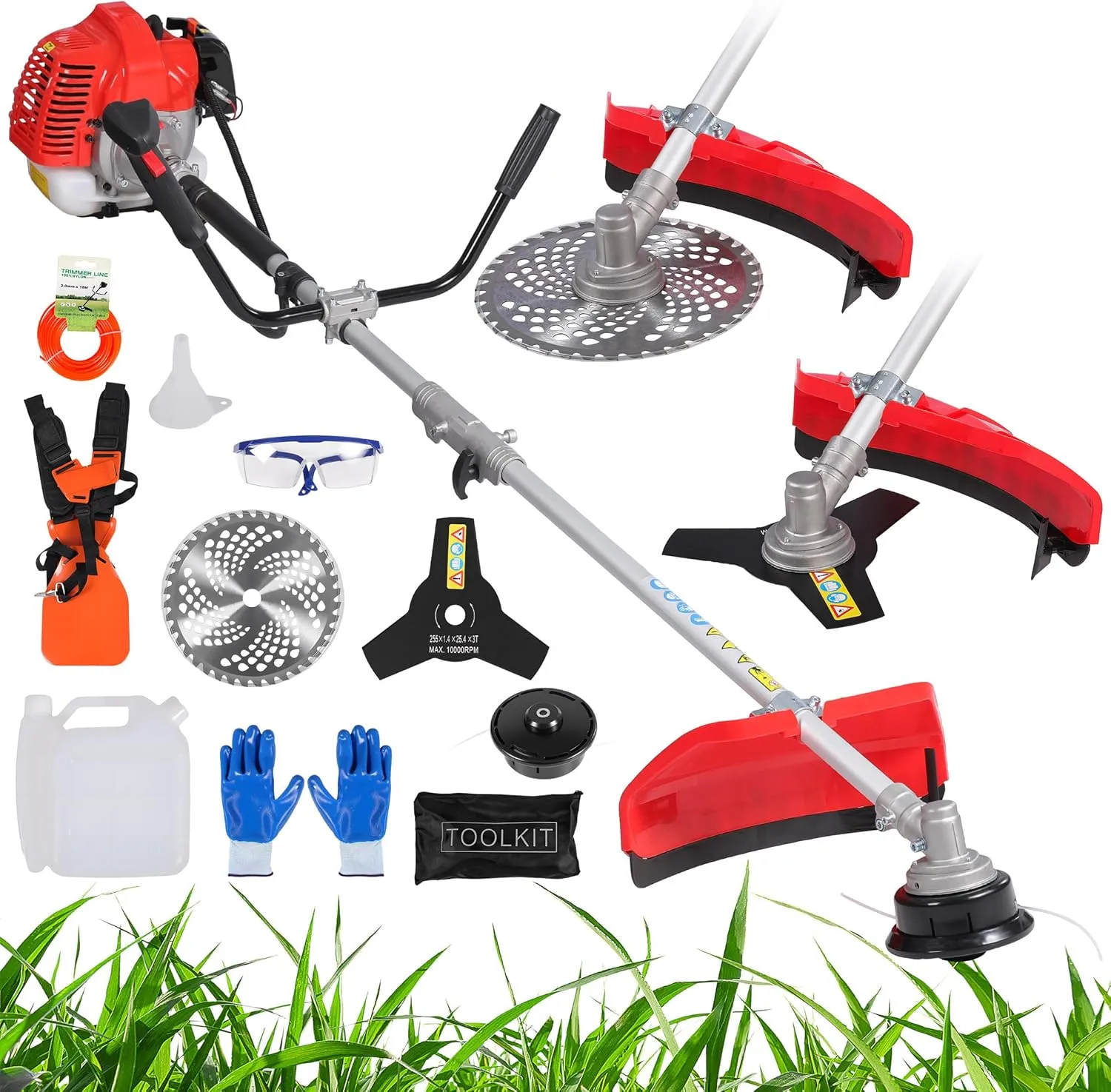 3-in-1 52cc 2-Cycle Weed Wacker Gas Powered, 18" Cutting Path Gas String Trimmer/Edger, 10" 3T/40T Gas Brush Cutter with Shoulder Strap, Powerful Weed Eater Gas Grass Trimmer for Lawn Care