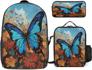 3 in 1 Backpack Set Big Butterfly Print Casual Backpack Set Small Cosmetic Bag Travel Daypack Crossbody Lunch Bag Coin Purse Set