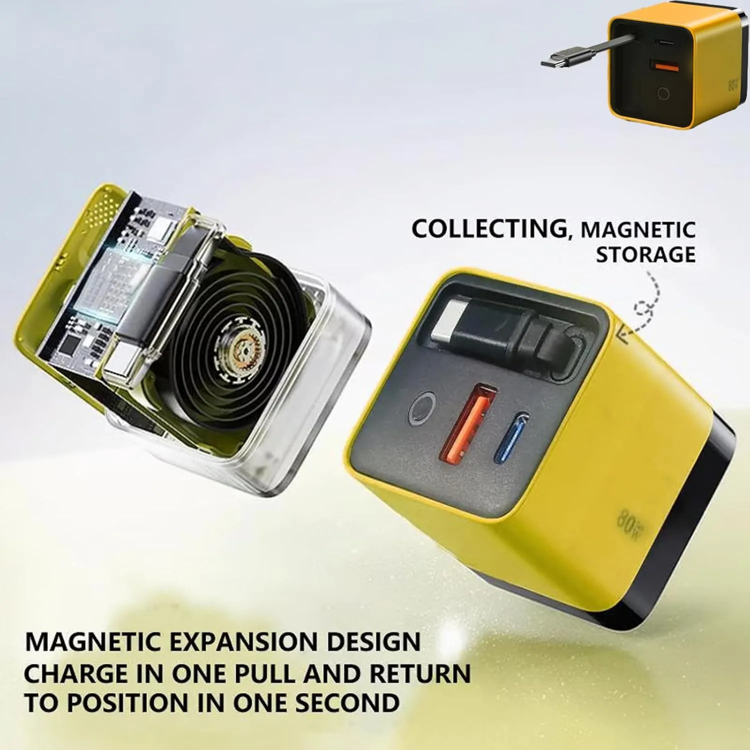 3 in 1 Gan Charger, Retractable 80w Max, Scalable 80w Max Fast Charger Module with Type-C Cable and 2 USB Ports, 3 in 1 Gan Charger for iPhone, Phone and Laptops (Yellow)