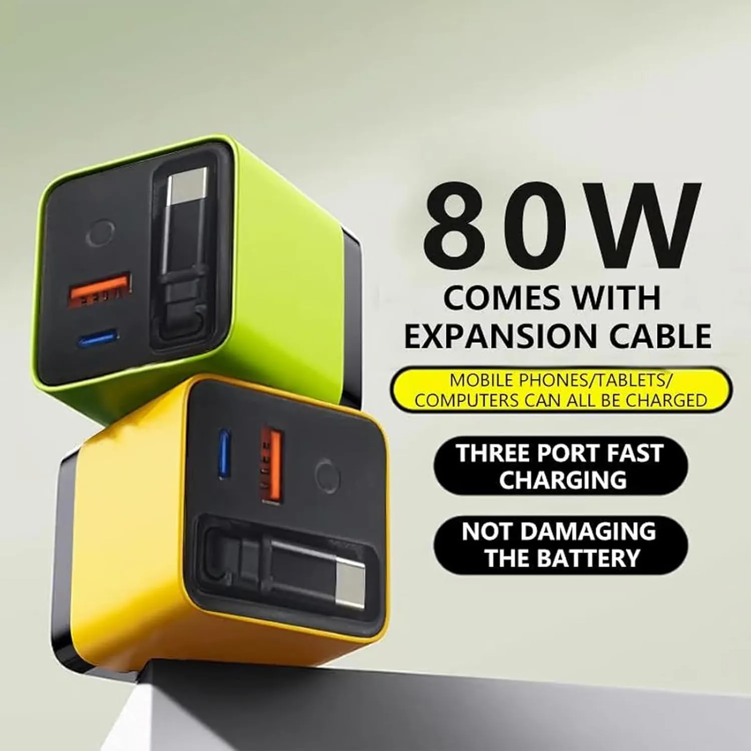 3 in 1 Gan Charger, Retractable 80w Max, Scalable 80w Max Fast Charger Module with Type-C Cable and 2 USB Ports, 3 in 1 Gan Charger for iPhone, Phone and Laptops (Yellow)