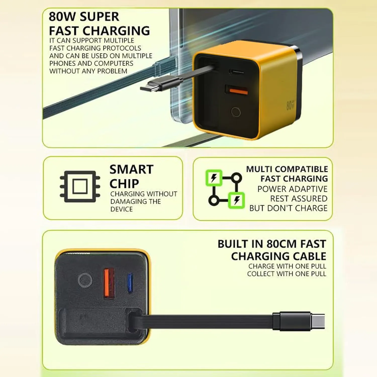 3 in 1 Gan Charger, Retractable 80w Max, Scalable 80w Max Fast Charger Module with Type-C Cable and 2 USB Ports, 3 in 1 Gan Charger for iPhone, Phone and Laptops (Yellow)