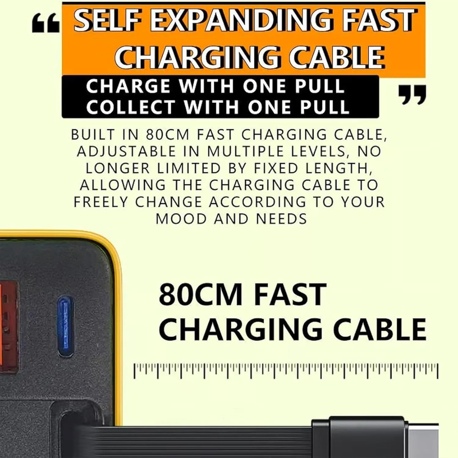 3 in 1 Gan Charger, Retractable 80w Max, Scalable 80w Max Fast Charger Module with Type-C Cable and 2 USB Ports, 3 in 1 Gan Charger for iPhone, Phone and Laptops (Yellow)