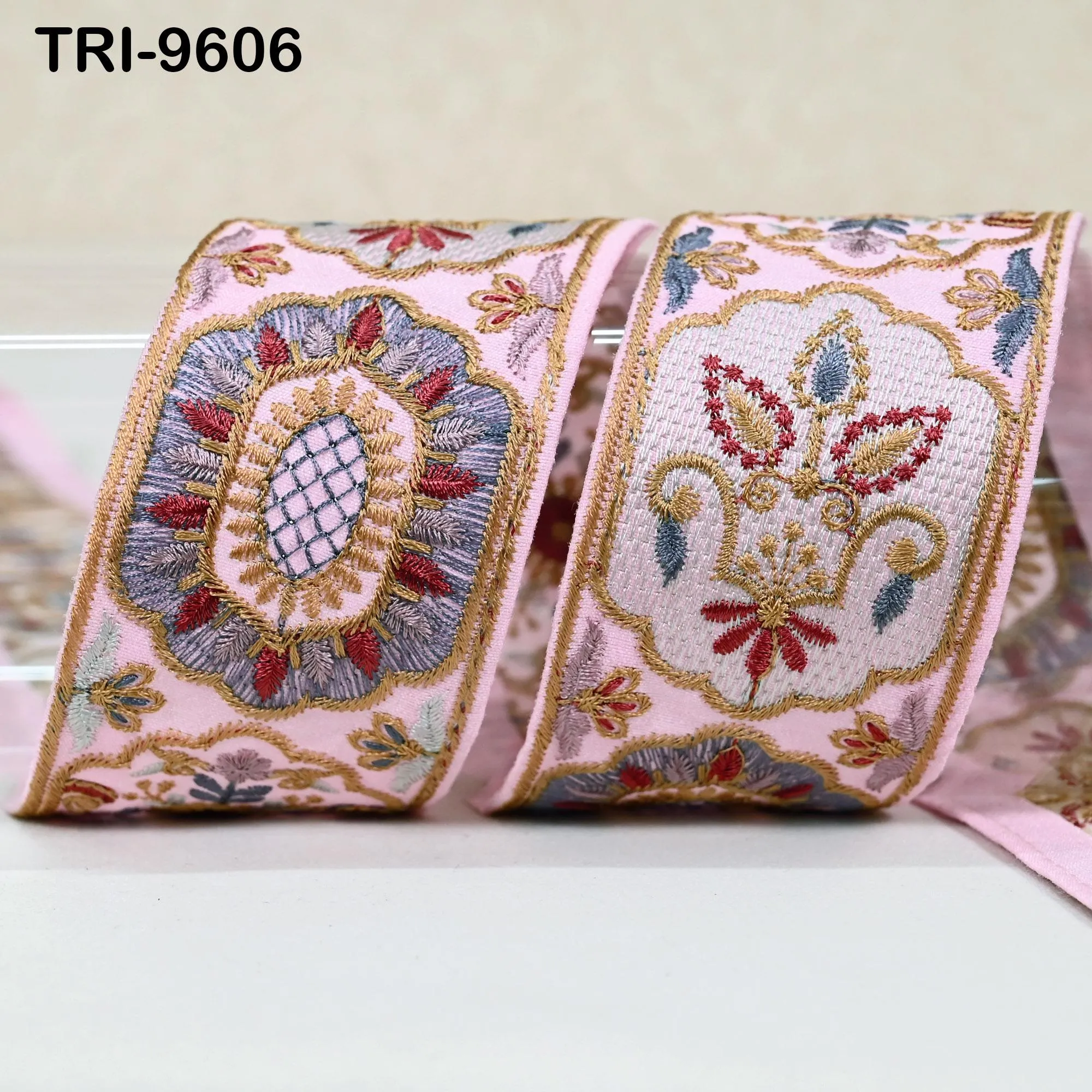 3 Yard 5cm Pink Embroidery Ribbon Trims Embellishment Embroidered Saree Border Costumes Crafting Sewing Beach Bags Tote Pouche Wall Hangings