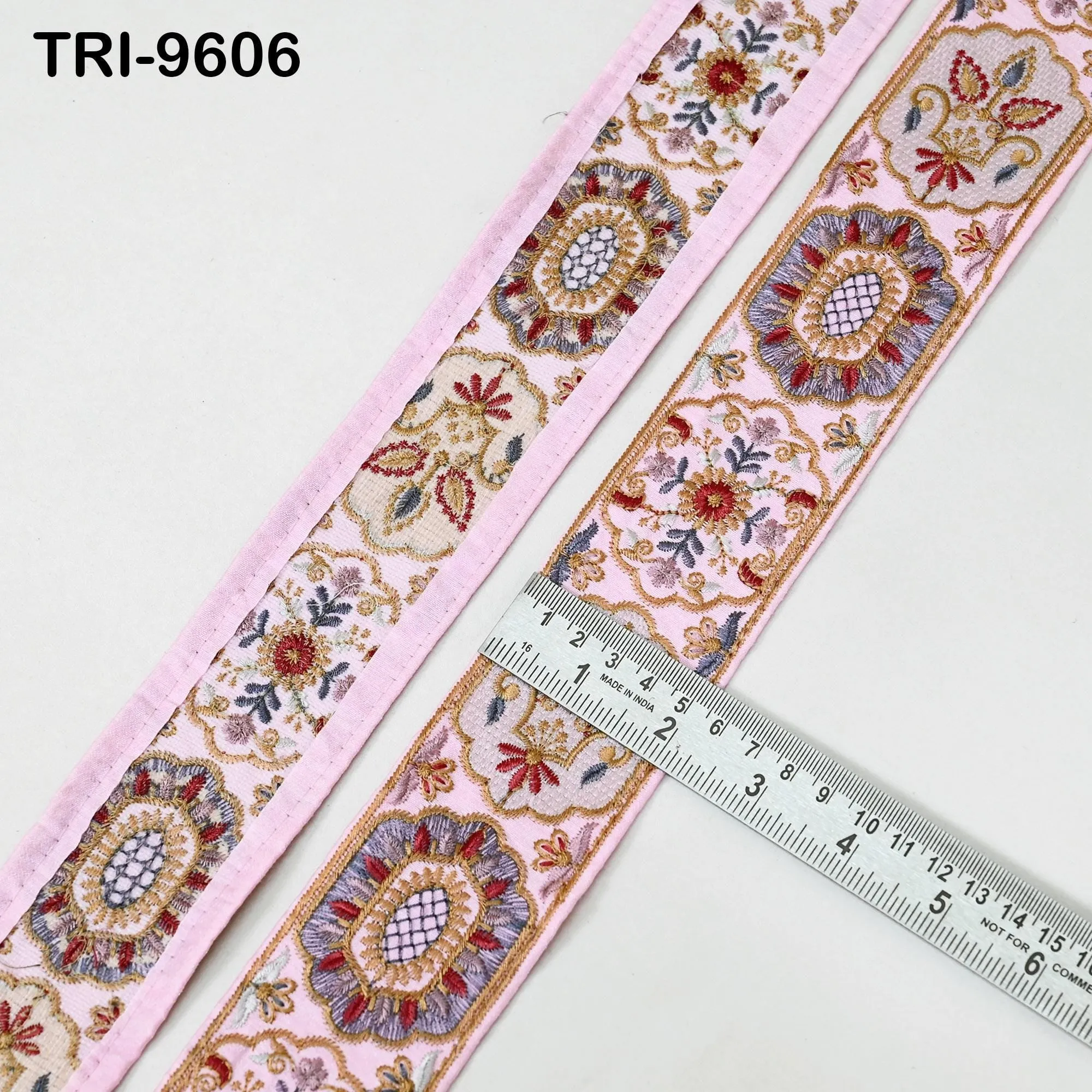 3 Yard 5cm Pink Embroidery Ribbon Trims Embellishment Embroidered Saree Border Costumes Crafting Sewing Beach Bags Tote Pouche Wall Hangings