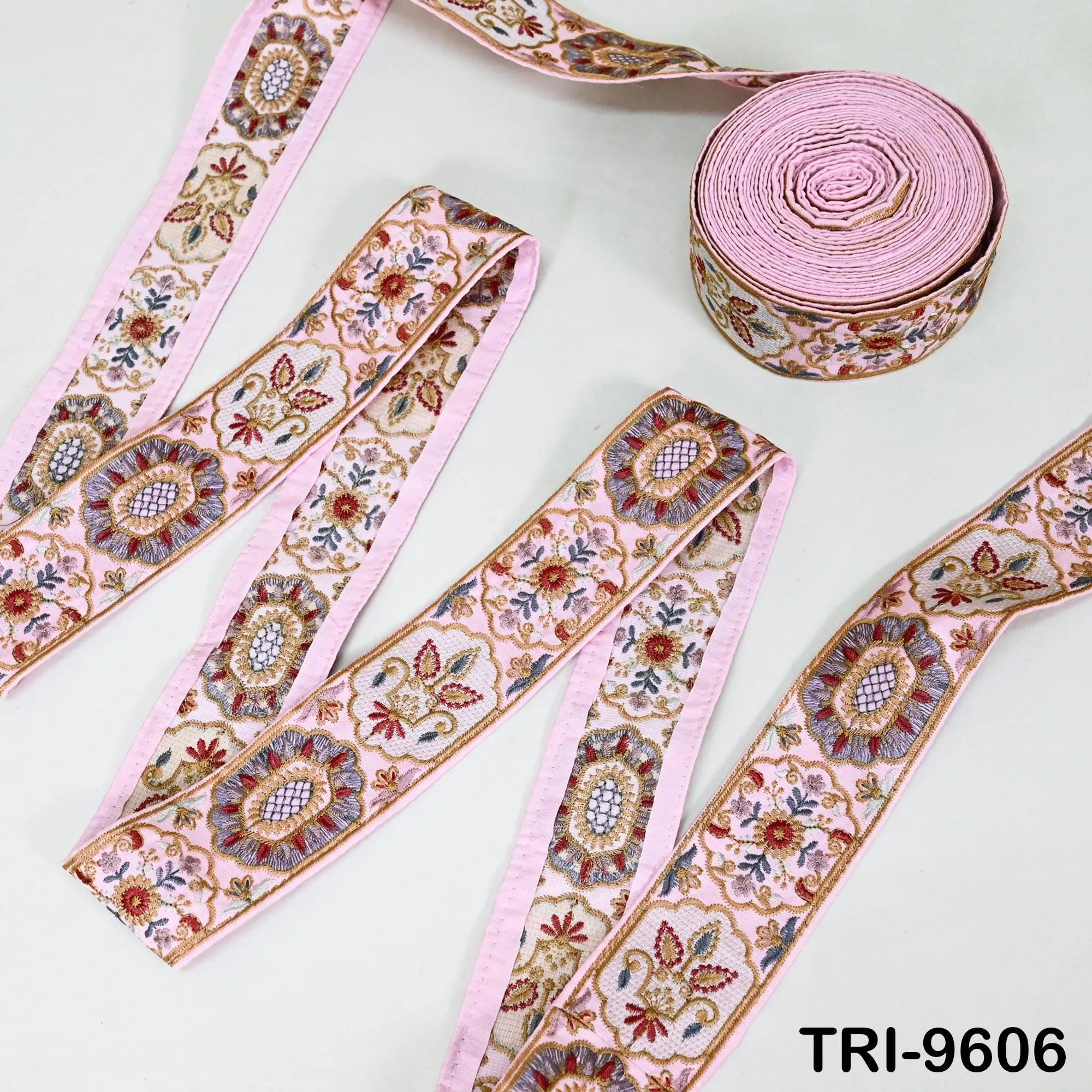 3 Yard 5cm Pink Embroidery Ribbon Trims Embellishment Embroidered Saree Border Costumes Crafting Sewing Beach Bags Tote Pouche Wall Hangings