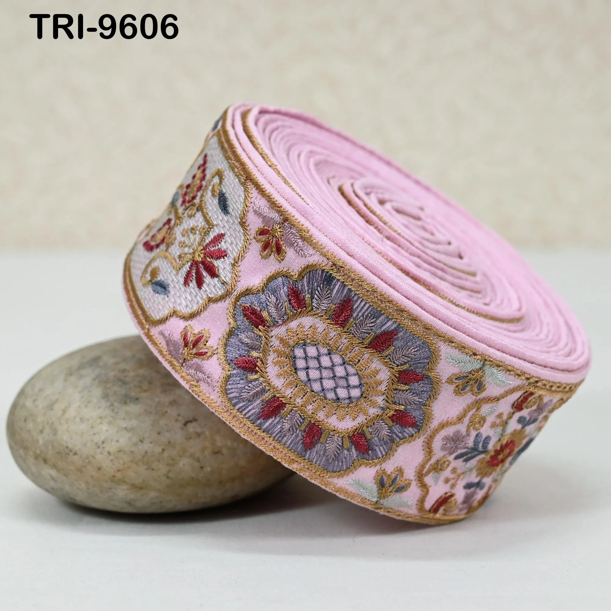 3 Yard 5cm Pink Embroidery Ribbon Trims Embellishment Embroidered Saree Border Costumes Crafting Sewing Beach Bags Tote Pouche Wall Hangings