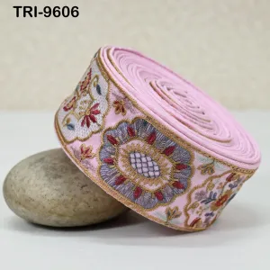 3 Yard 5cm Pink Embroidery Ribbon Trims Embellishment Embroidered Saree Border Costumes Crafting Sewing Beach Bags Tote Pouche Wall Hangings