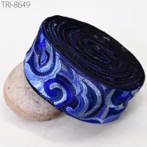 3 Yard Blue Embroidered 55mm Trim Sewing Accessories Embroidery Ribbon Indian Border Crafting Embellishment Belts Hats Tote Bags Costumes