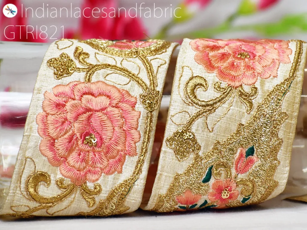 3 Yard Gold Embroidered Ribbon 75mm Trim Decorative Floral Lace Indian Sari Border Sewing Fabric DIY Crafting Trimmings Home Decor Headbands