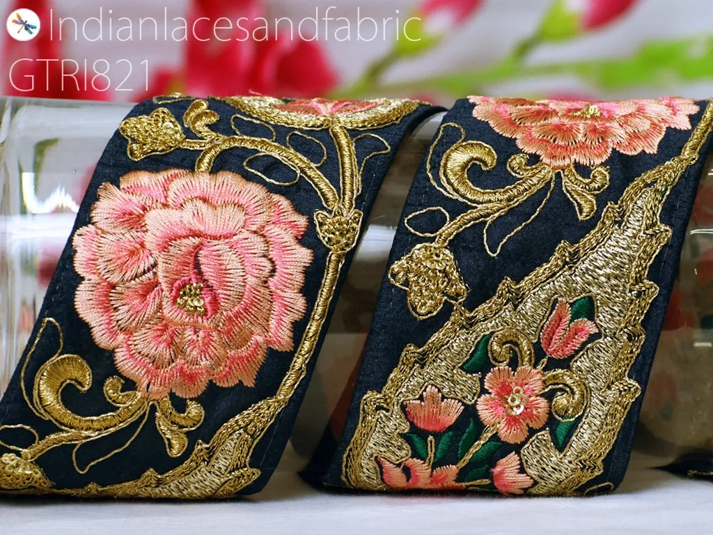 3 Yard Gold Embroidered Ribbon 75mm Trim Decorative Floral Lace Indian Sari Border Sewing Fabric DIY Crafting Trimmings Home Decor Headbands