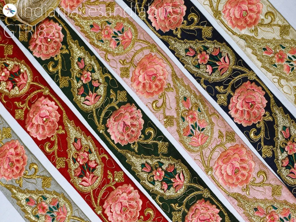 3 Yard Gold Embroidered Ribbon 75mm Trim Decorative Floral Lace Indian Sari Border Sewing Fabric DIY Crafting Trimmings Home Decor Headbands