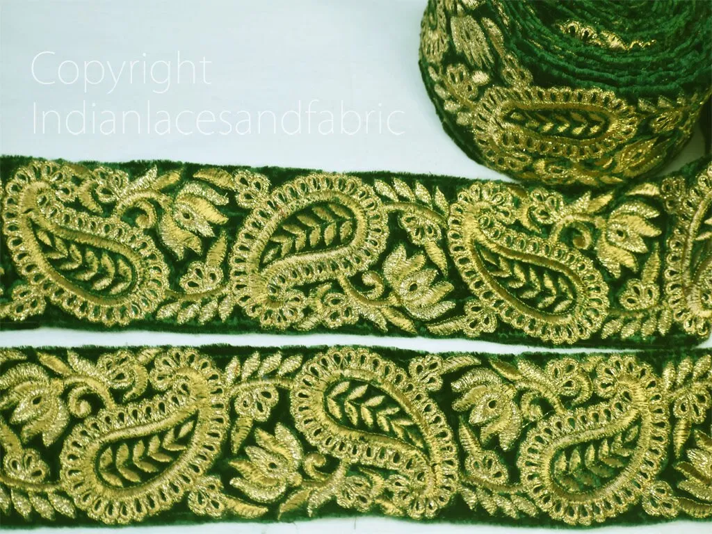 3 Yard Indian 8cm  Embroidered Paisley Green Velvet Fabric Trim Decorative Saree Trimmings Laces Embroidery Sari Border Crafting Ribbon Tape