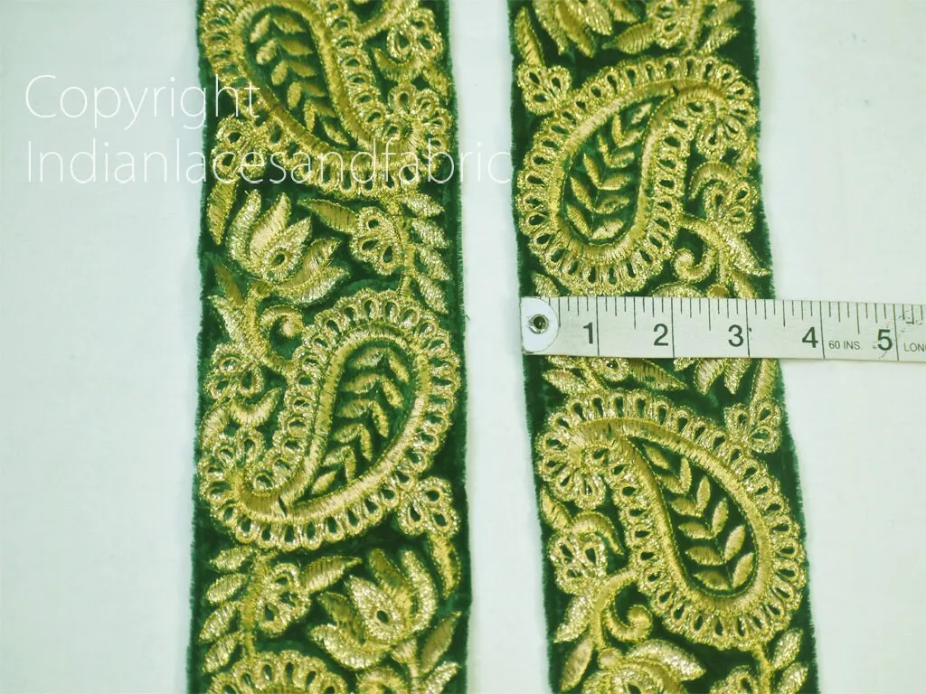 3 Yard Indian 8cm  Embroidered Paisley Green Velvet Fabric Trim Decorative Saree Trimmings Laces Embroidery Sari Border Crafting Ribbon Tape