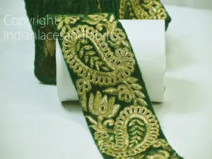 3 Yard Indian 8cm  Embroidered Paisley Green Velvet Fabric Trim Decorative Saree Trimmings Laces Embroidery Sari Border Crafting Ribbon Tape