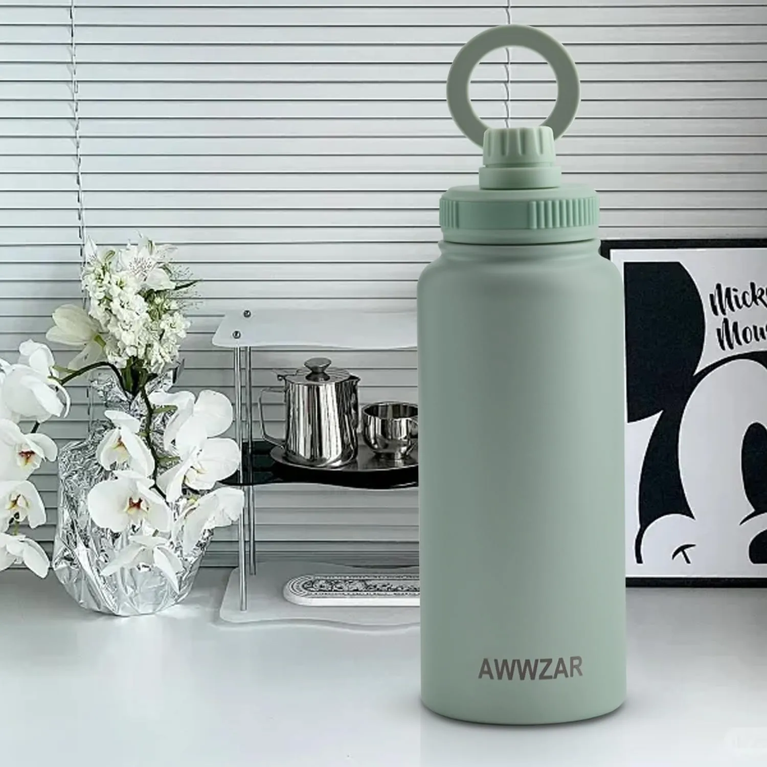 32 OZ Water Bottle With Magnetic Phone Holder, Stainless Steel Double Wall Sport or Gym Water Bottles (PINK)