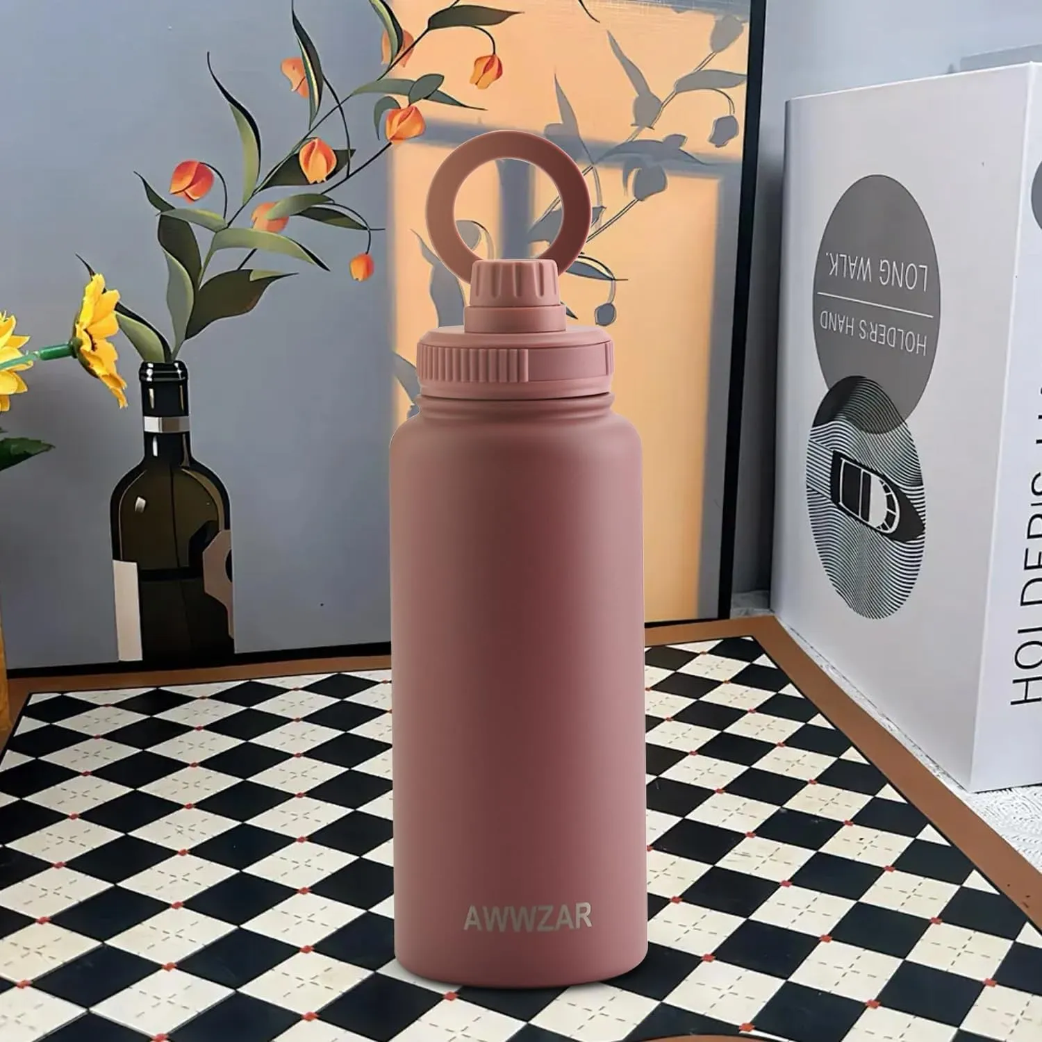 32 OZ Water Bottle With Magnetic Phone Holder, Stainless Steel Double Wall Sport or Gym Water Bottles (PINK)