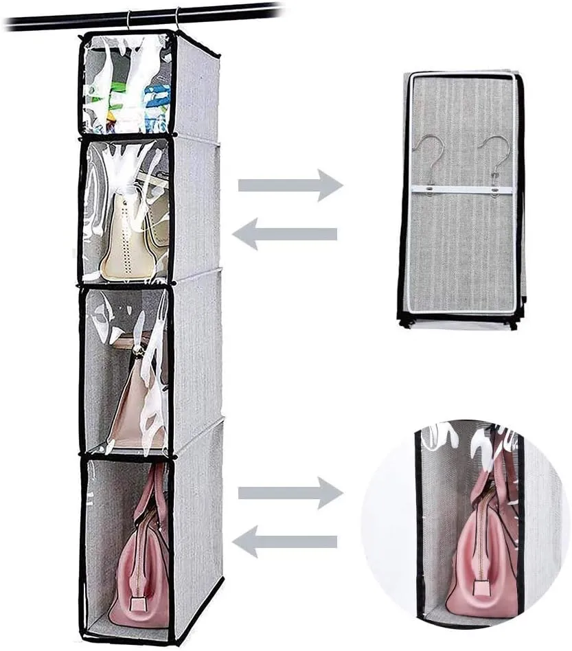 4 Tier Handbag Purse Organizer with Dustproof Cover, Foldable Hanging Closet Wardrobe Storage Shelves Closet Storage System for Living Room Bedroom Home Use, Grey