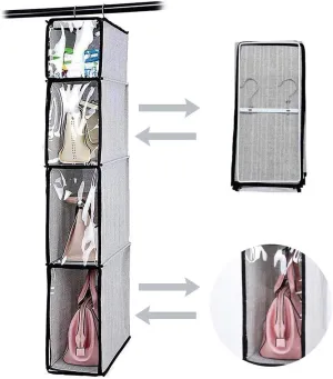 4 Tier Handbag Purse Organizer with Dustproof Cover, Foldable Hanging Closet Wardrobe Storage Shelves Closet Storage System for Living Room Bedroom Home Use, Grey