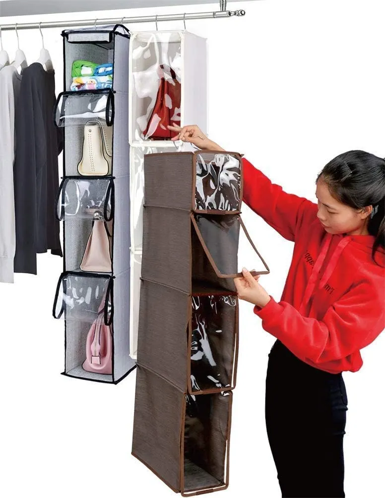 4 Tier Handbag Purse Organizer with Dustproof Cover, Foldable Hanging Closet Wardrobe Storage Shelves Closet Storage System for Living Room Bedroom Home Use, Grey