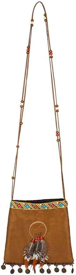 44144 - Indianerin Handtasche, Umhängetasche, Squaw, braun, Federschmuck, Perlen, Münzen, Cowboy, Western, Rothaut, Appachen, Karneval, Halloween, Fasching, Mottoparty, Verkleidung, Theater