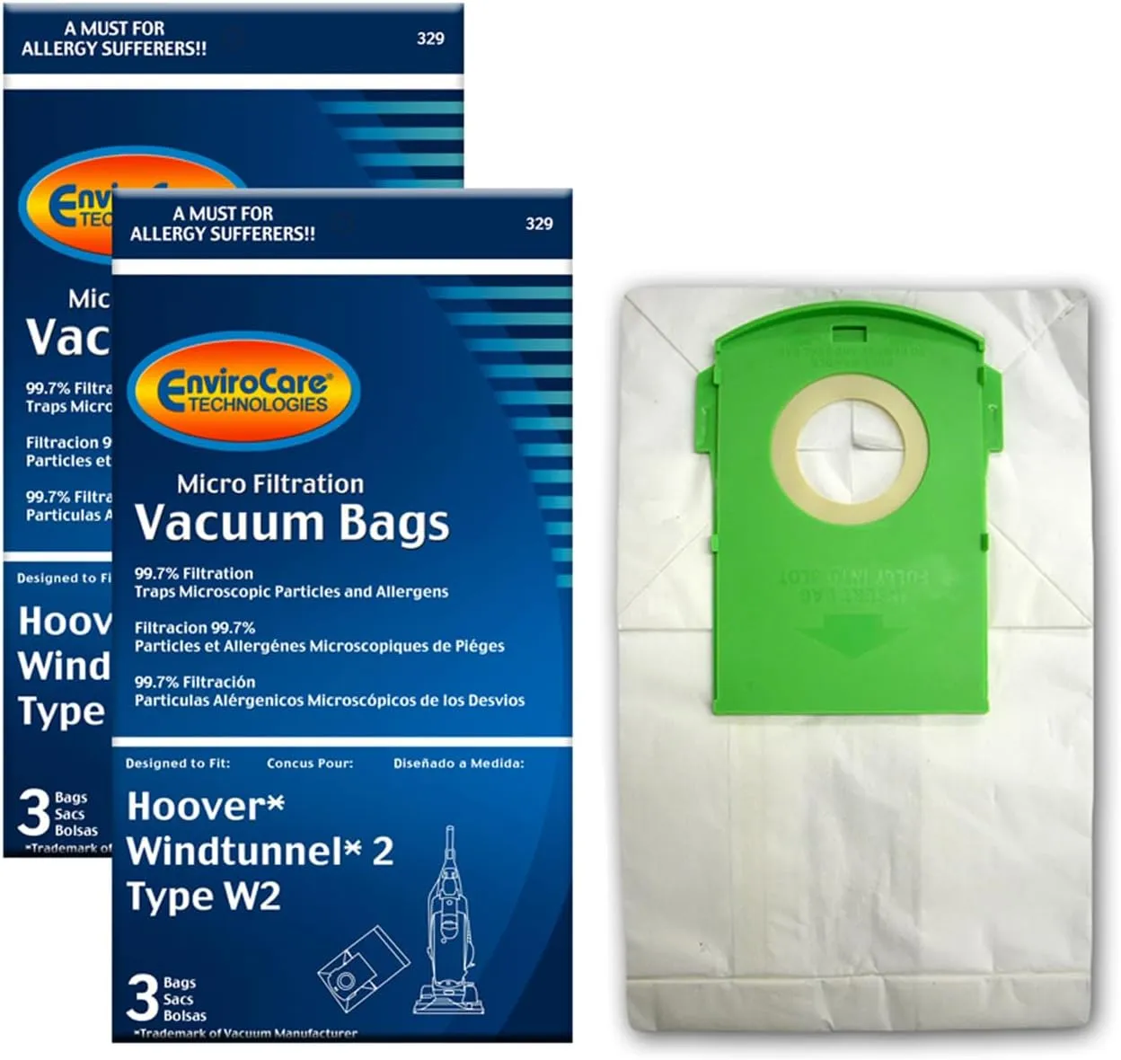 6 Hoover Type W2 Windtunnel Allergy Vacuum Bag, Bagged, Upright Vacuum Cleaners, W2, 401080W2