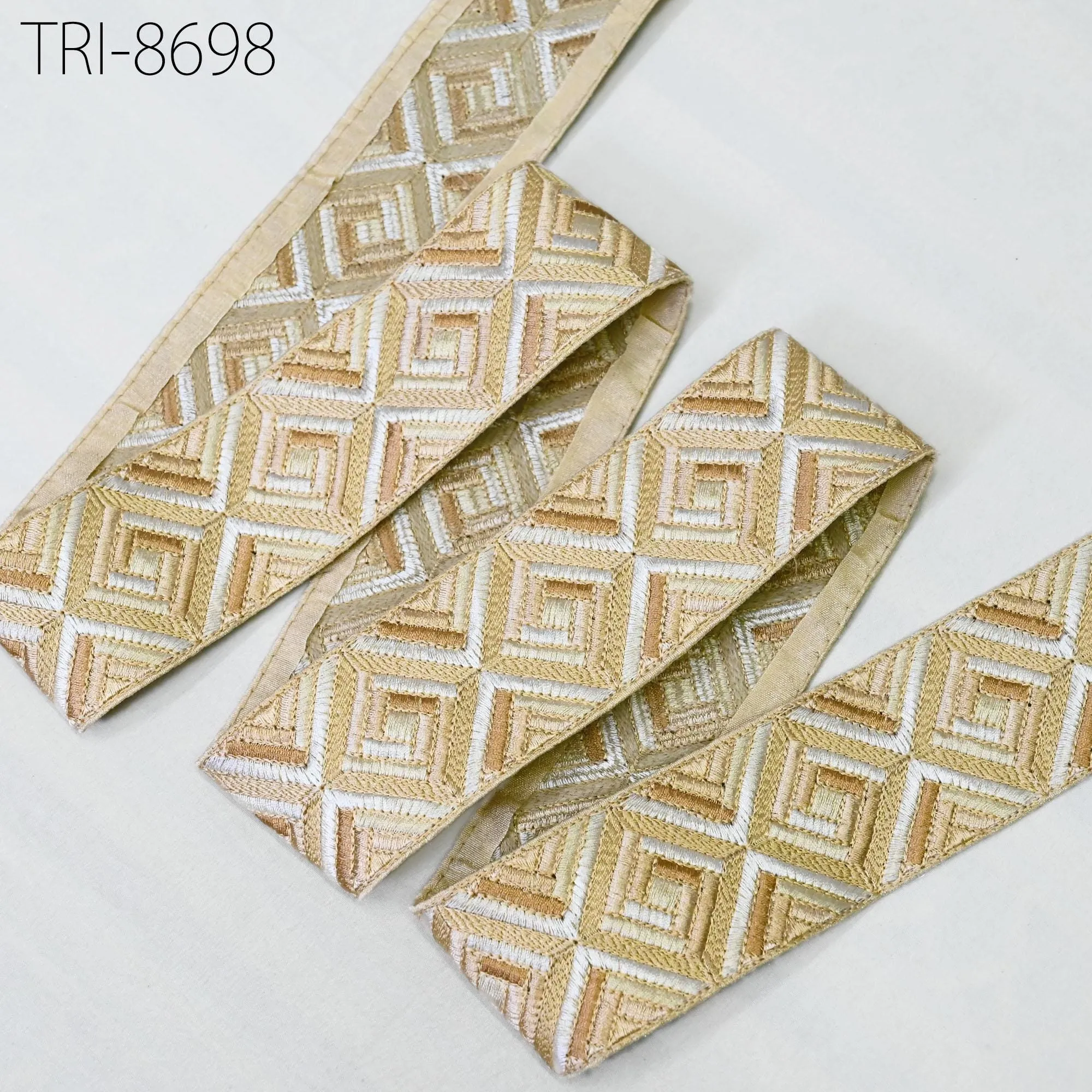 9 Yard Beige 5cm Embroidery Trim Ribbon Indian Sari Border Crafting Embroidered Sewing Accessories, Embellish for Dresses making Home Decor