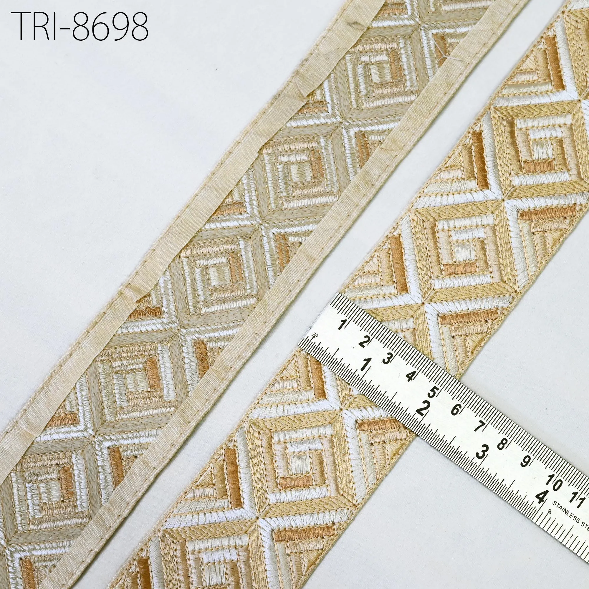 9 Yard Beige 5cm Embroidery Trim Ribbon Indian Sari Border Crafting Embroidered Sewing Accessories, Embellish for Dresses making Home Decor