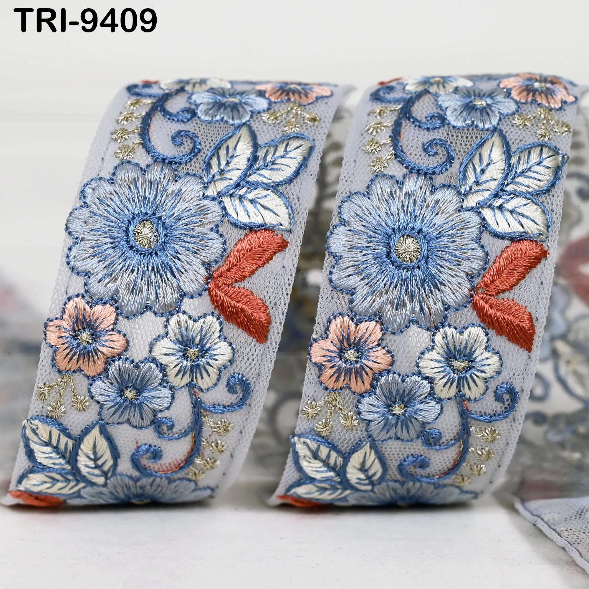 9 Yard Blue Embroidery Ribbon 4cm Trim Embroidered Indian Sari Embellishments DIY Crafting Cats Dogs Collar Trimmings Headband Saree Border