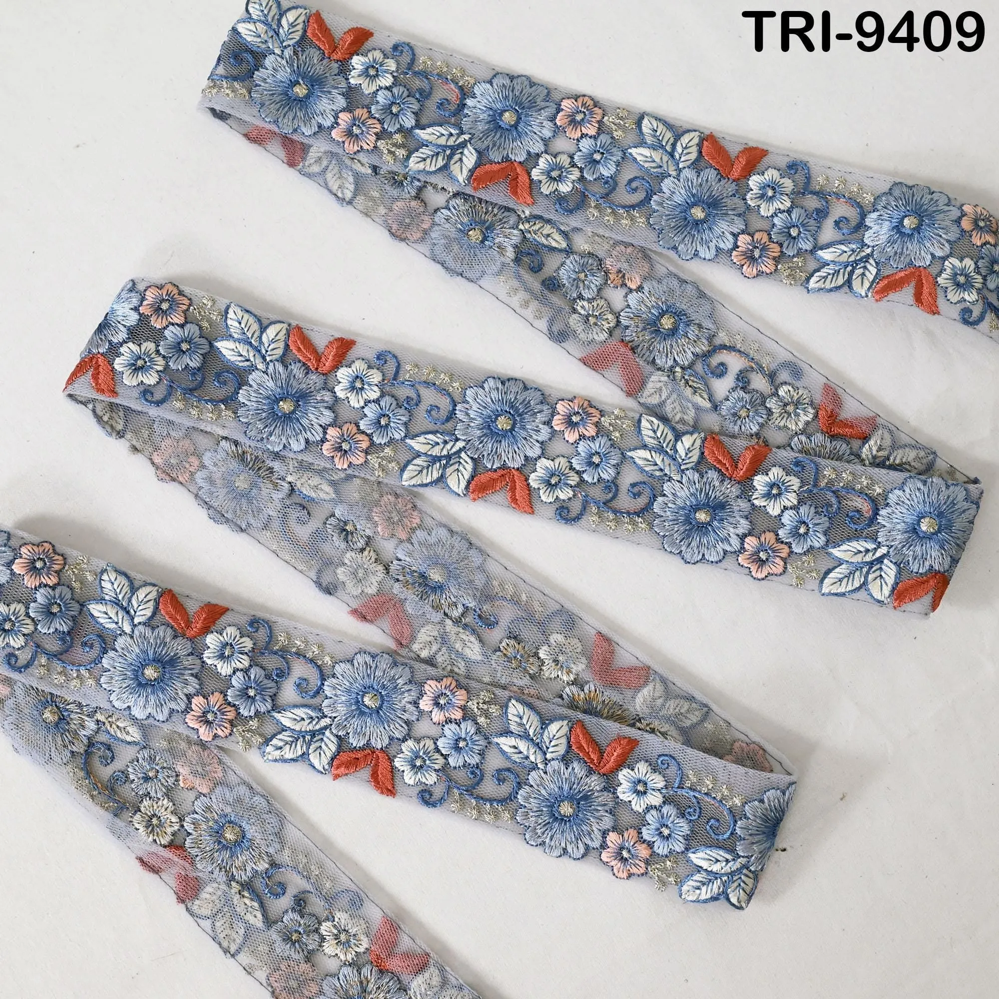9 Yard Blue Embroidery Ribbon 4cm Trim Embroidered Indian Sari Embellishments DIY Crafting Cats Dogs Collar Trimmings Headband Saree Border