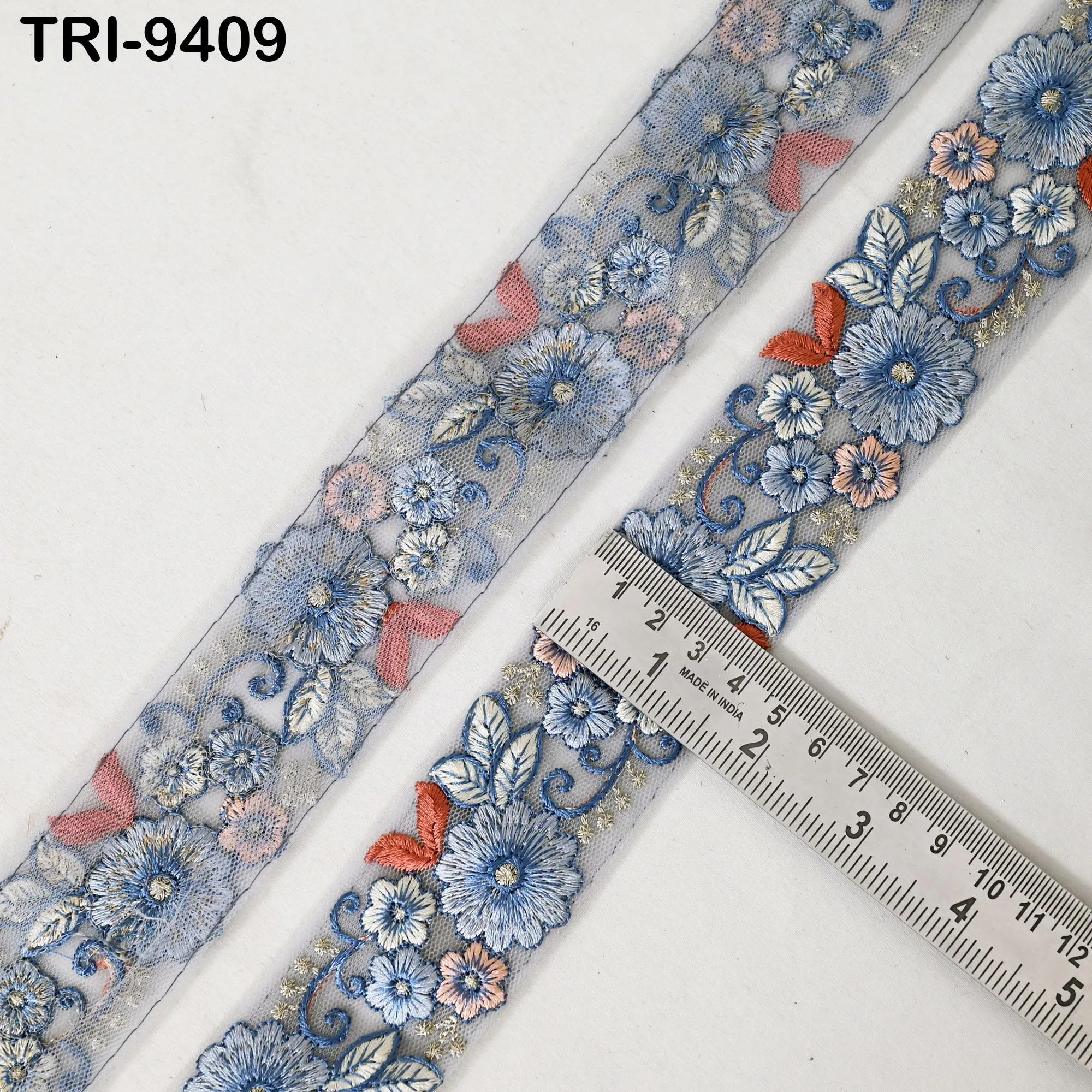 9 Yard Blue Embroidery Ribbon 4cm Trim Embroidered Indian Sari Embellishments DIY Crafting Cats Dogs Collar Trimmings Headband Saree Border