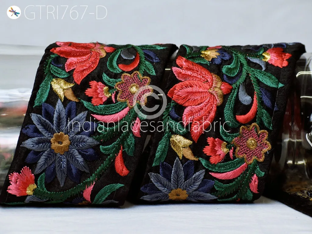 9 Yard Blue Indian Sari 8cm Border DIY Crafting Saree Trimmings Floral Sewing Decorative Beach Bag Cushions Ribbons Embroidered Fabric Trim