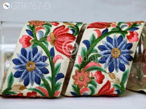 9 Yard Blue Indian Sari 8cm Border DIY Crafting Saree Trimmings Floral Sewing Decorative Beach Bag Cushions Ribbons Embroidered Fabric Trim