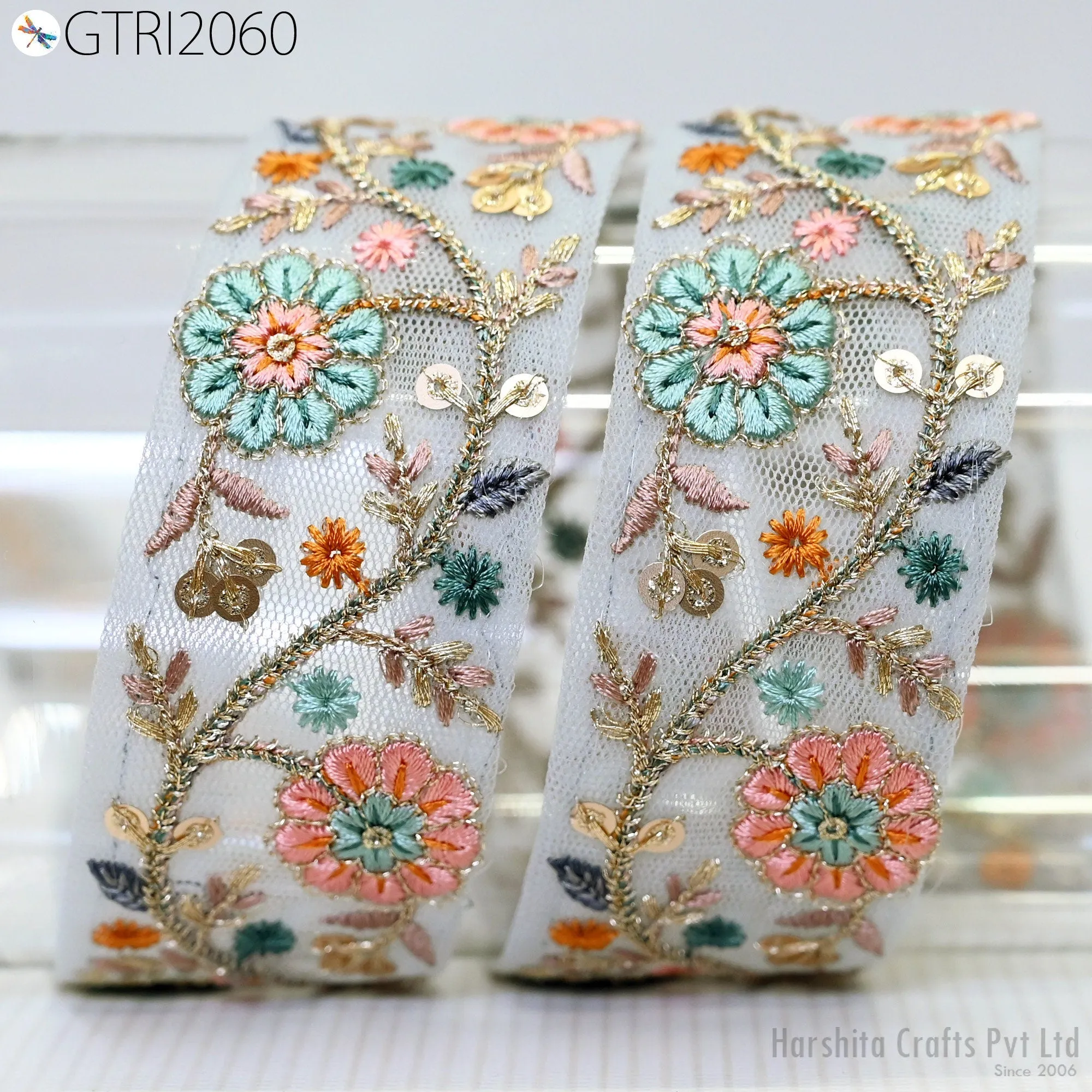9 Yard Embroidered Fabric 45mm Trim Embellishment Sari Ribbons Sewing Crafting Border Indian Embroidery Trimmings Cushions Laces Home Decor